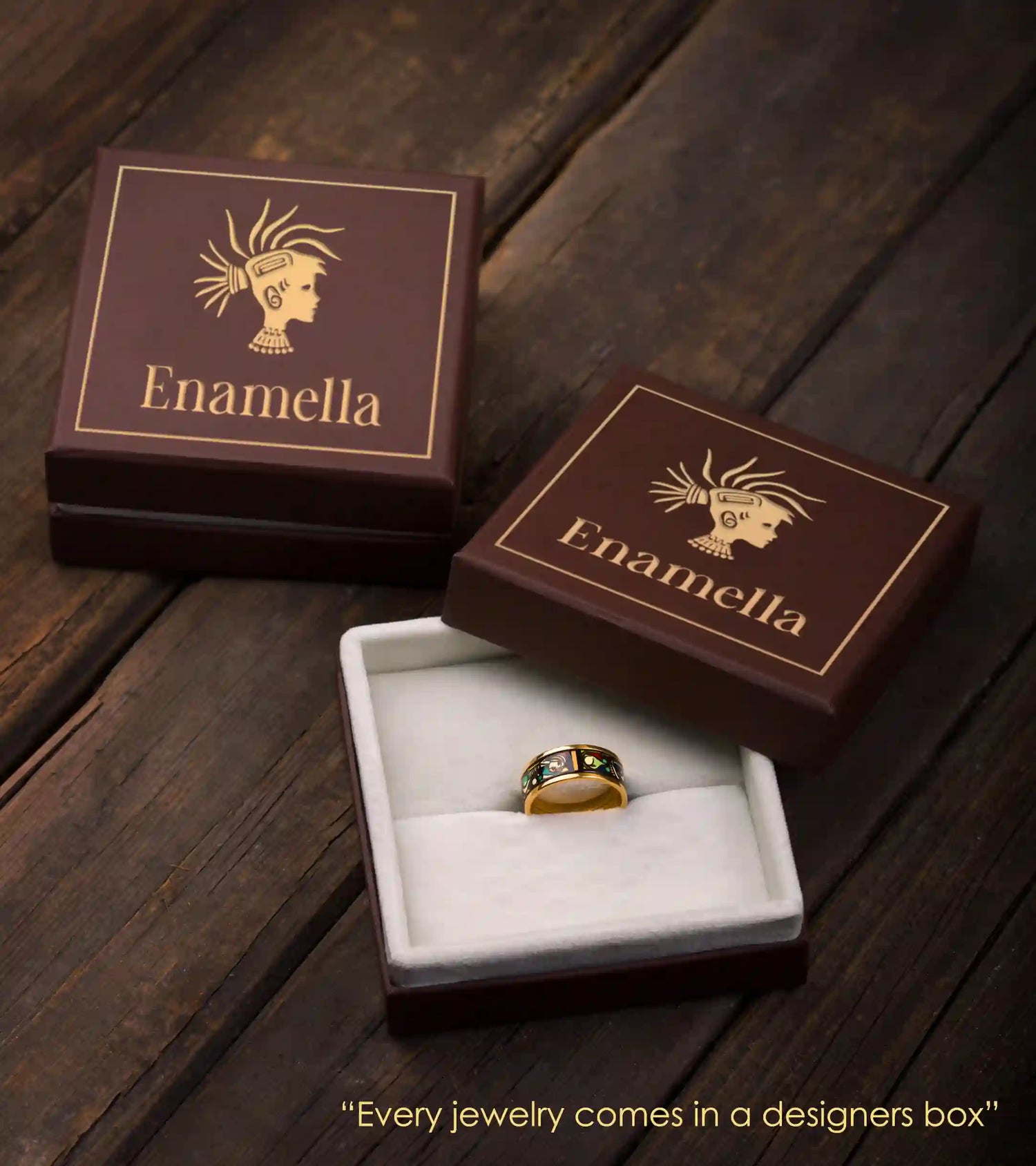 Ring in a square box with a logo of a company Enamella jewelry