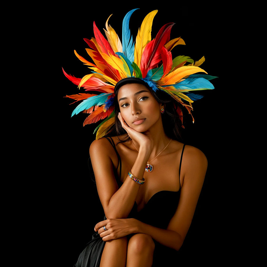 Beautiful girl wearing spanish nights jewelry collection and a hat with a lot of colorful feathers