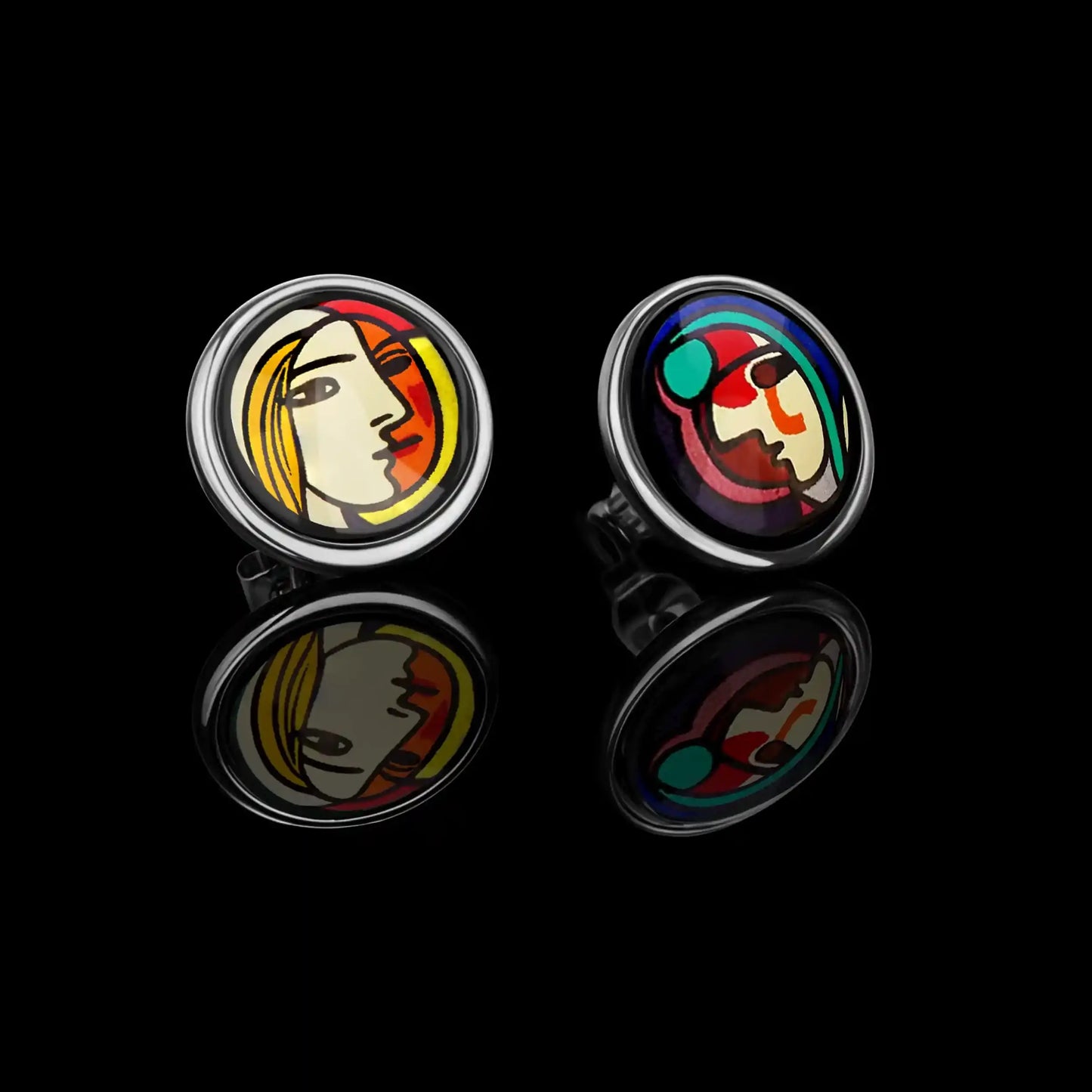 White gold studs with the painting of Pablo Picasso "Girl in front of the mirror"