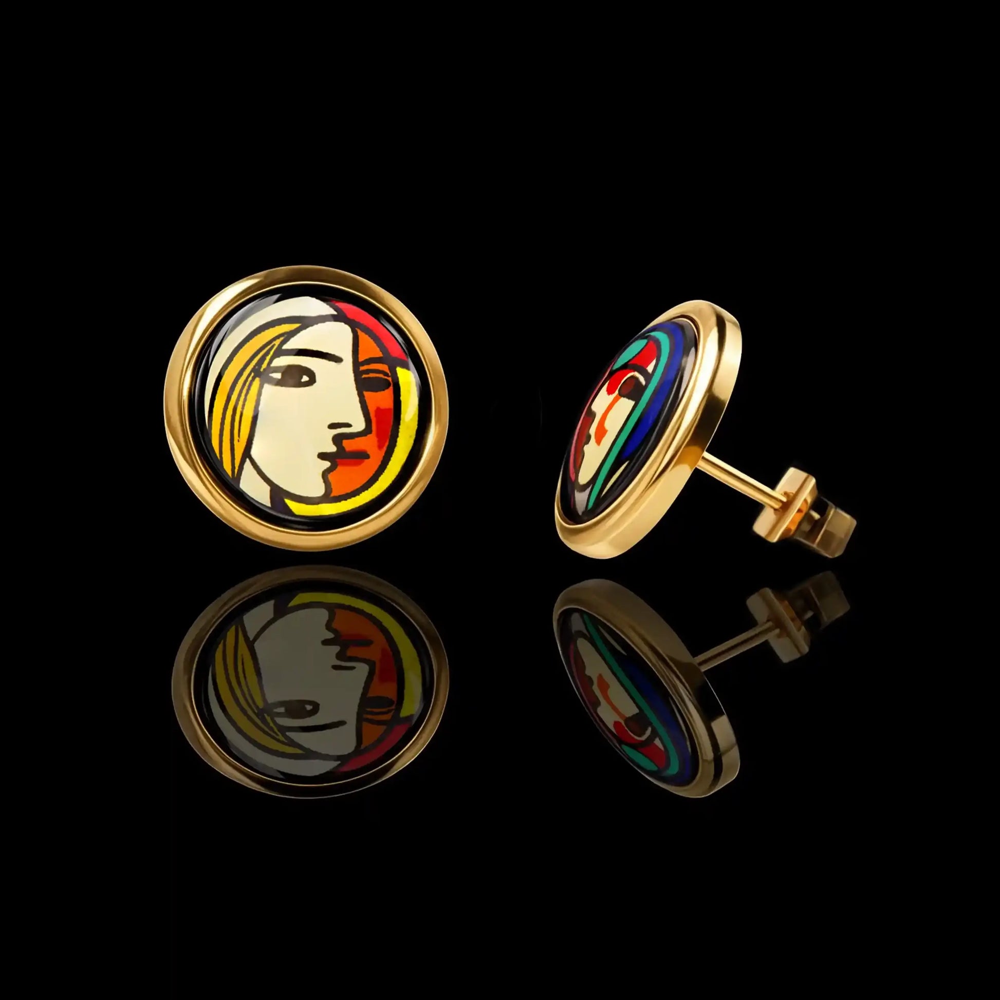 Yellow gold studs with the painting of Pablo Picasso "Girl in front of the mirror"