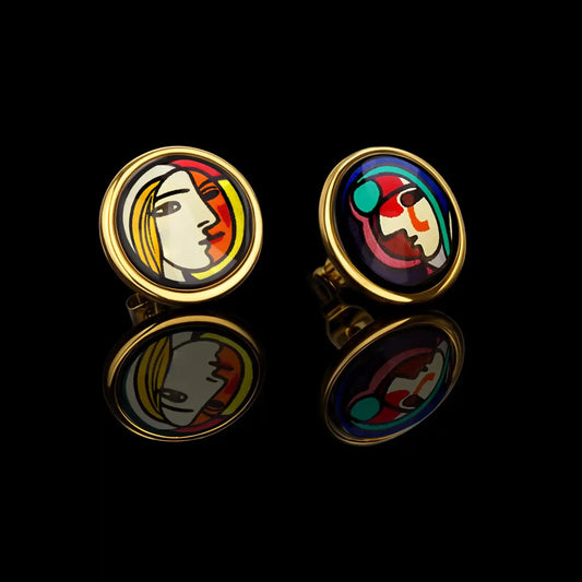 Yellow gold studs with the painting of Pablo Picasso "Girl in front of the mirror"