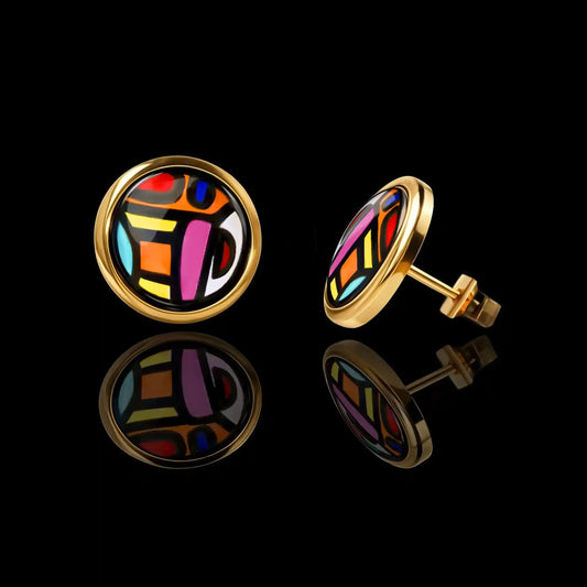 Yellow gold studs with the painting of Friedensreich Hundertwasser's "Spanish Nights"