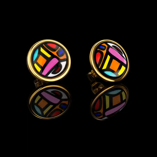 Yellow gold studs with the painting of Friedensreich Hundertwasser's "Spanish Nights"