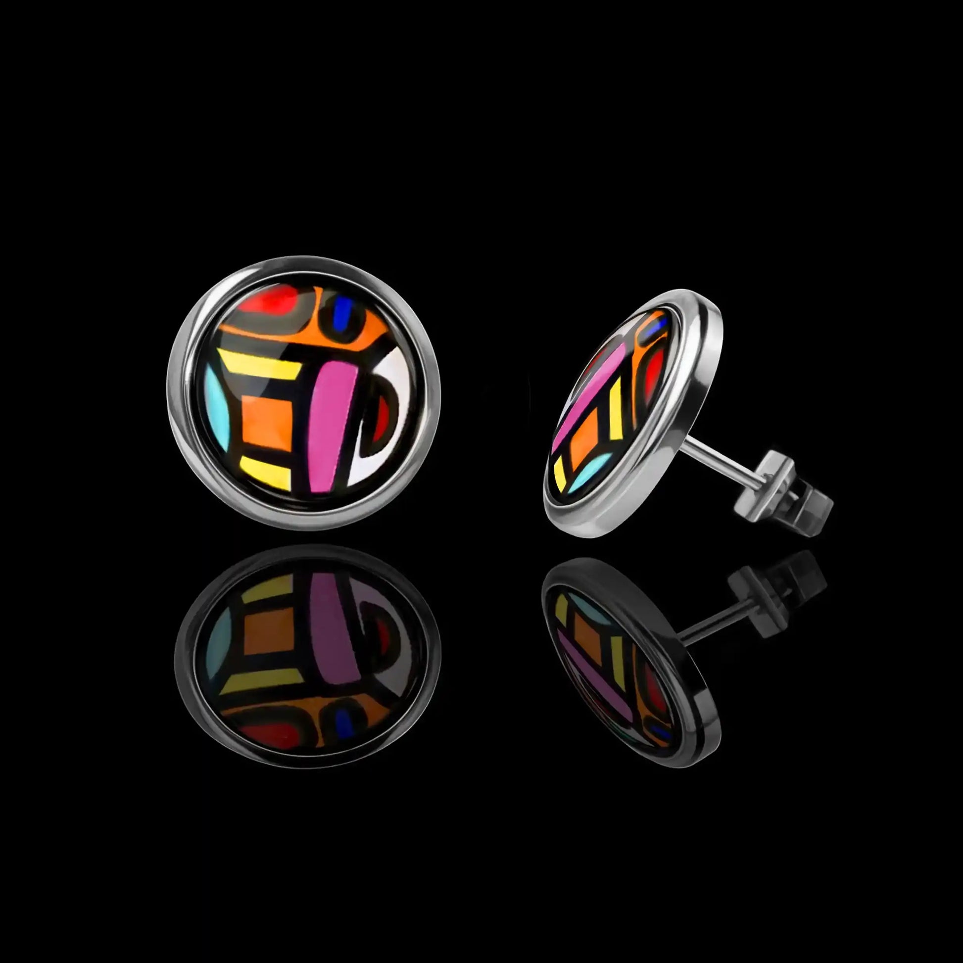 White gold studs with the painting of Friedensreich Hundertwasser's "Spanish Nights"