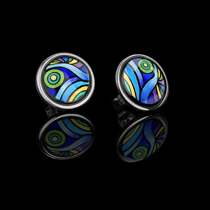 White gold studs with the painting of Van Gogh's "Starry Night"