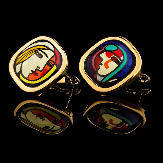 Yellow gold earrings with the painting of Pablo Picasso "Girl in front of the mirror"