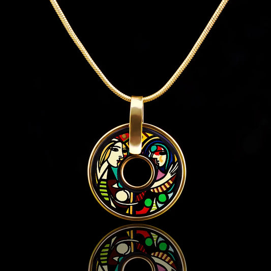 Yellow gold round necklace with the painting of Pablo Picasso "Girl in front of the mirror"