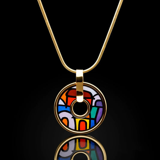 Yellow gold round necklace with the painting of Friedensreich Hundertwasser's "Spanish Nights"