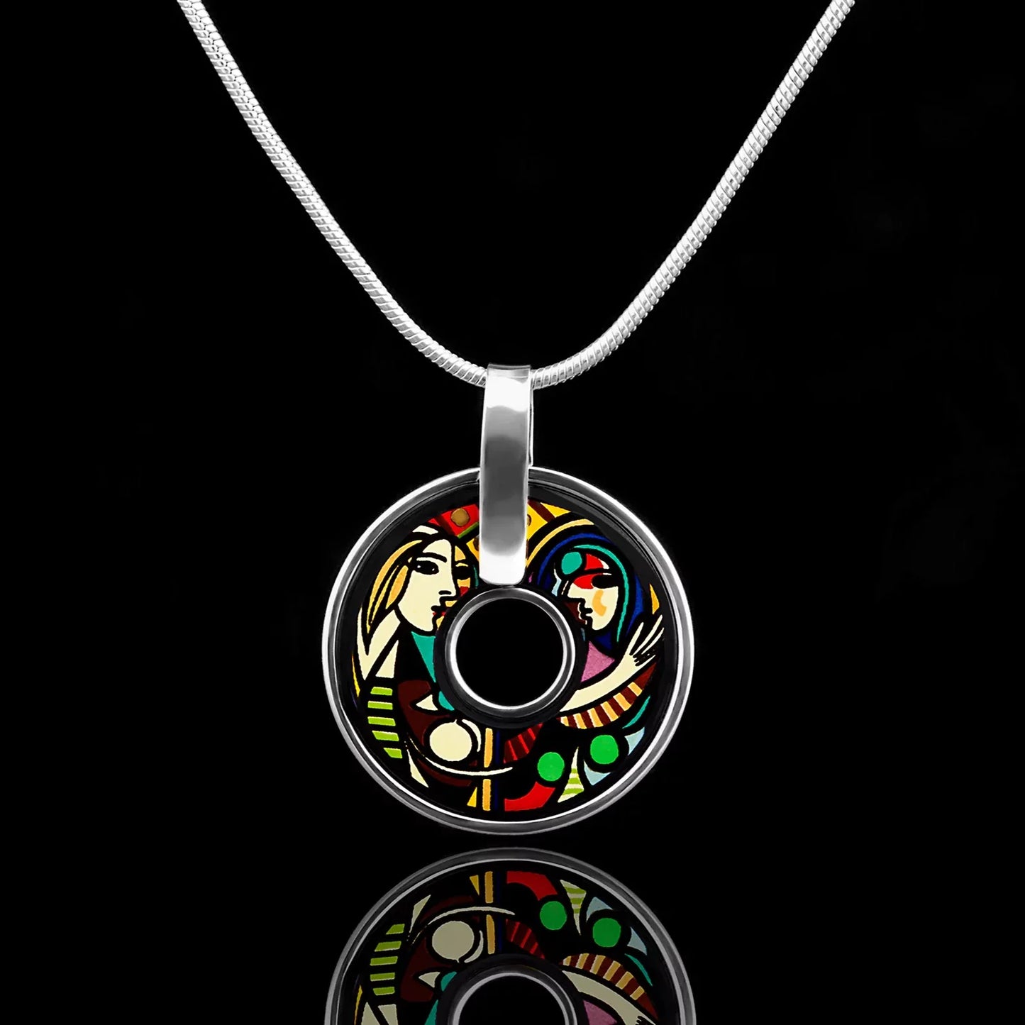 White gold round necklace with the painting of Pablo Picasso "Girl in front of the mirror"