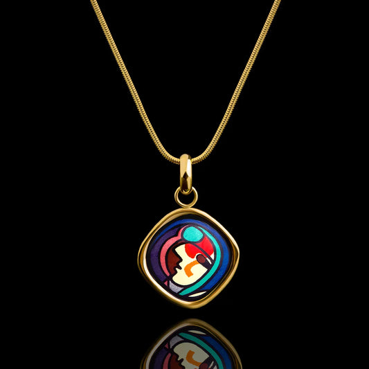 Yellow gold necklace with the painting of Pablo Picasso "Girl in front of the mirror"