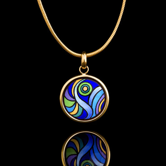 Yellow gold round necklace with the painting of Van Gogh's "Starry Night"
