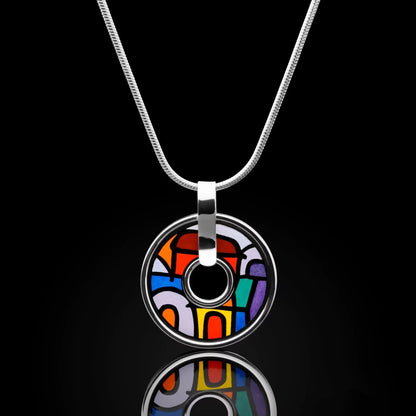 White gold round necklace with the painting of Friedensreich Hundertwasser's "Spanish Nights"