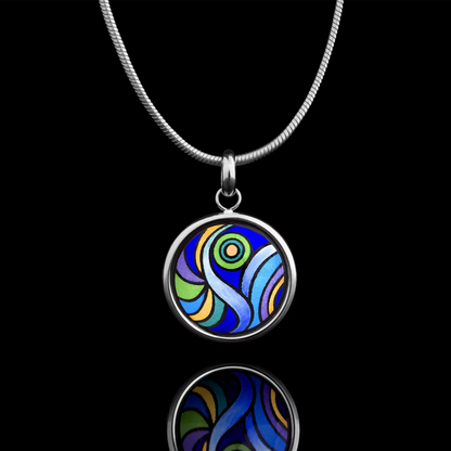 White gold round necklace with the painting of Van Gogh's "Starry Night"
